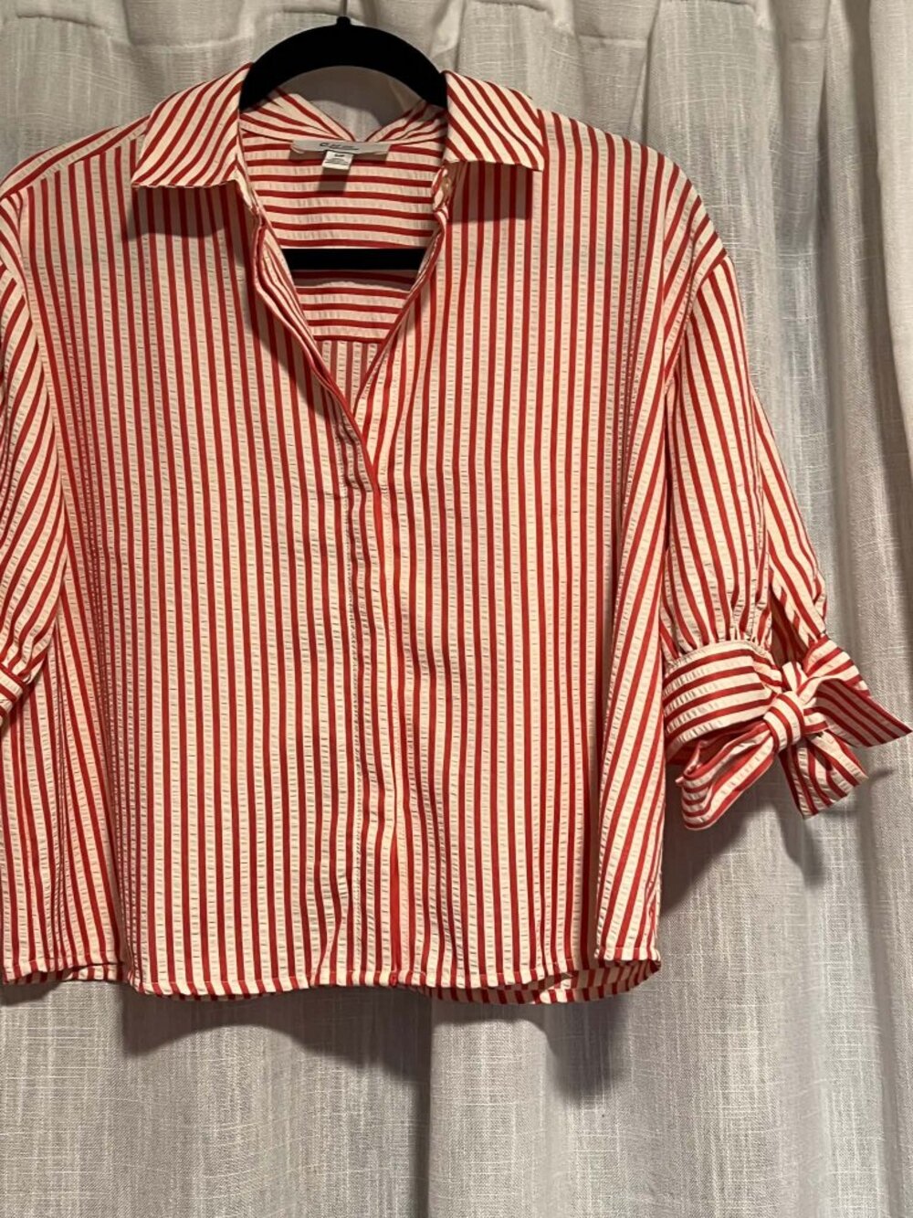 Cropped Blouse Short Sleeve Bow Detail Red/Cream Size S/P